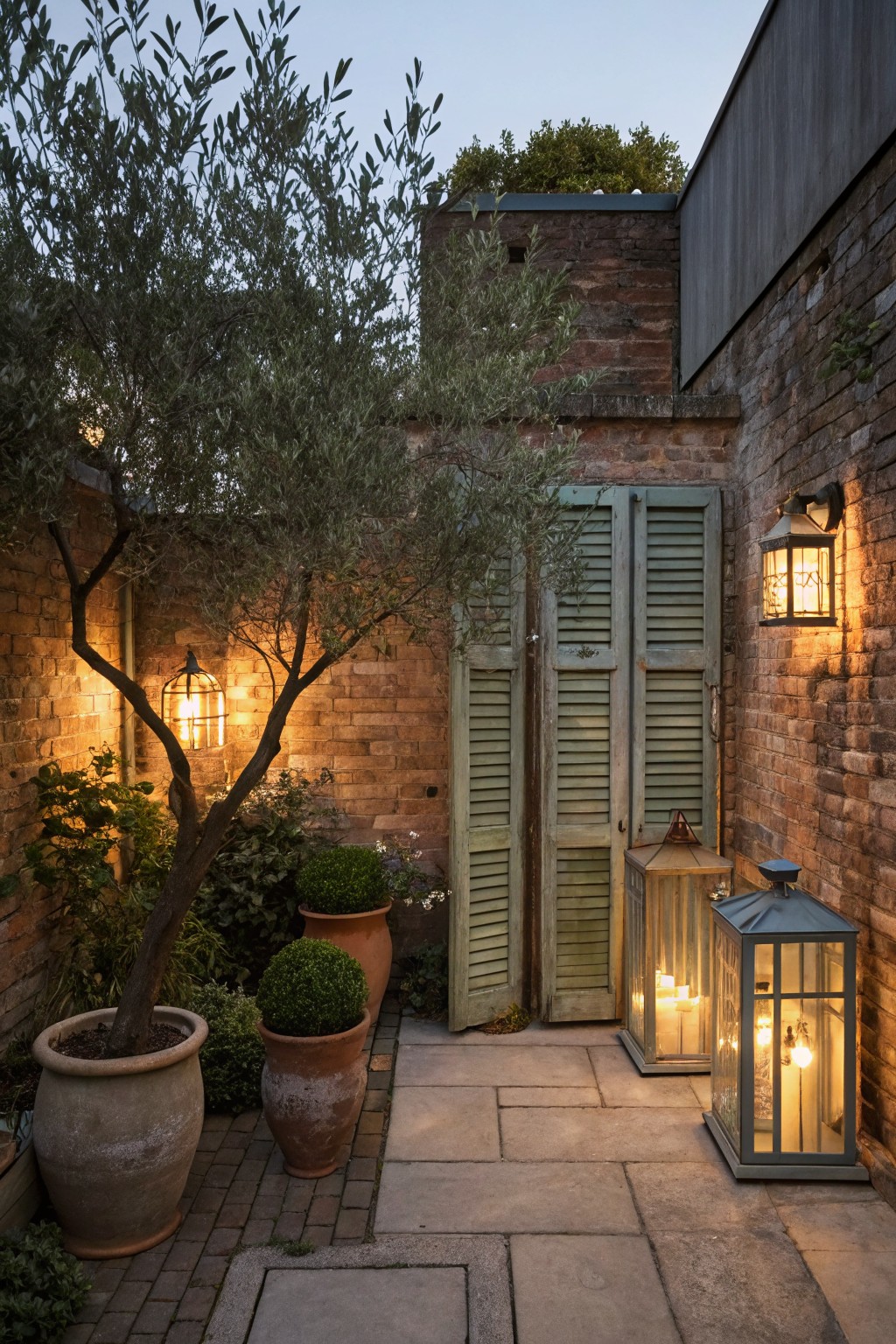 Brick-walled courtyard garden at dusk with olive tree in terracotta pot, boxwood topiaries in orange pots, green shutters on doors, and lit lanterns hanging from walls, tree, and standing on stone patio.