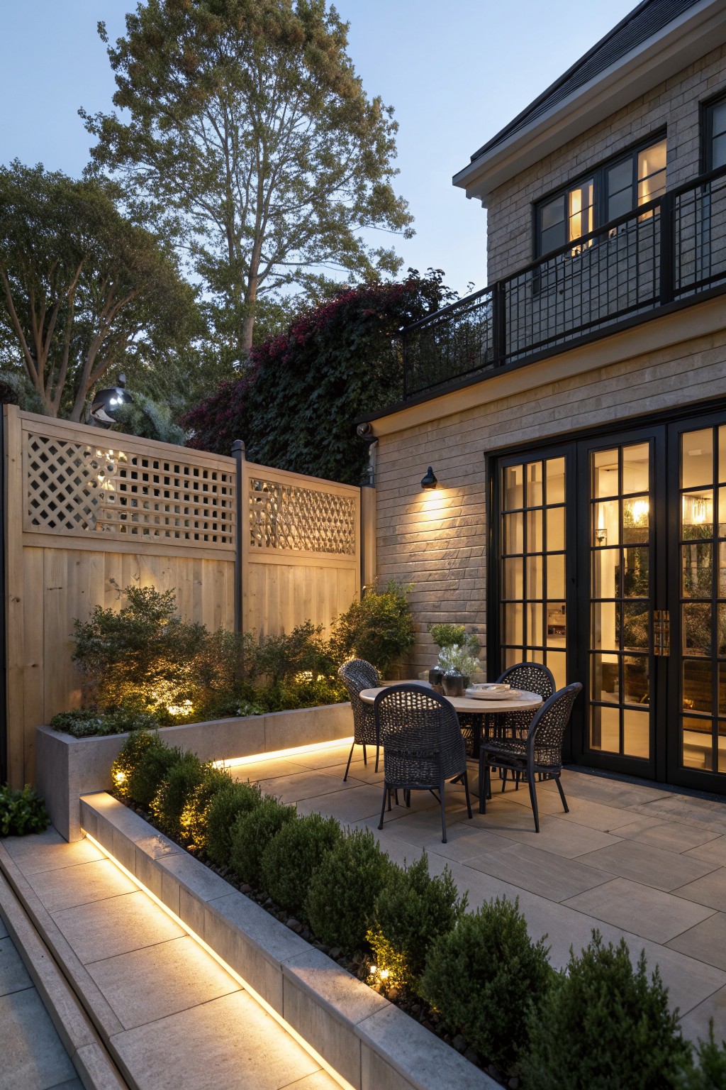 Backyard patio area featuring a brick house with black-framed doors, wooden fence with lattice top section, boxwood shrubs in raised planters, wicker dining set, and LED strip lighting along steps.
