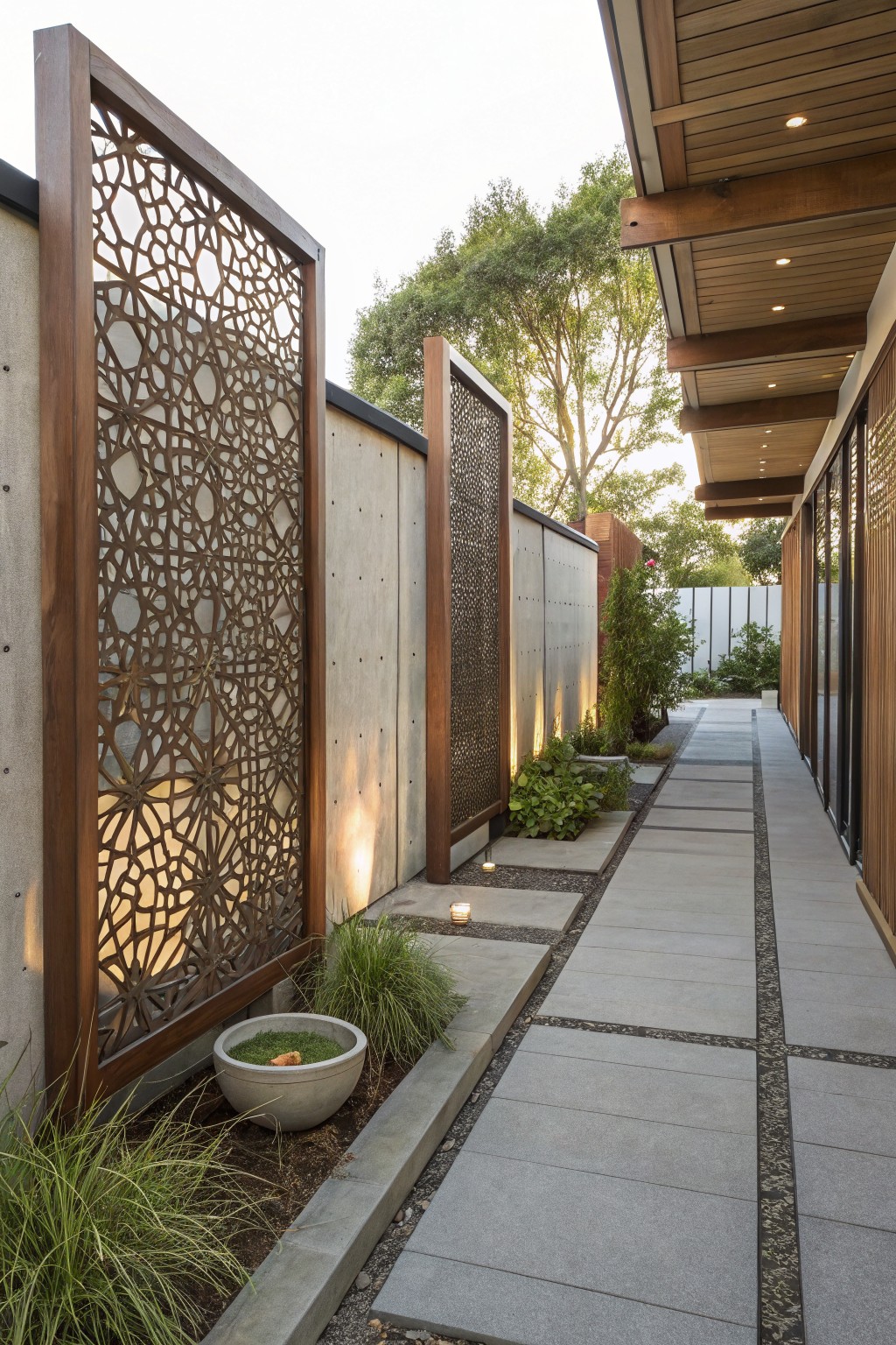 Tall wooden-framed perforated metal screens with intricate patterns line a concrete-paved pathway next to a modern house, with plants, a potted plant, and low lighting along the edge.