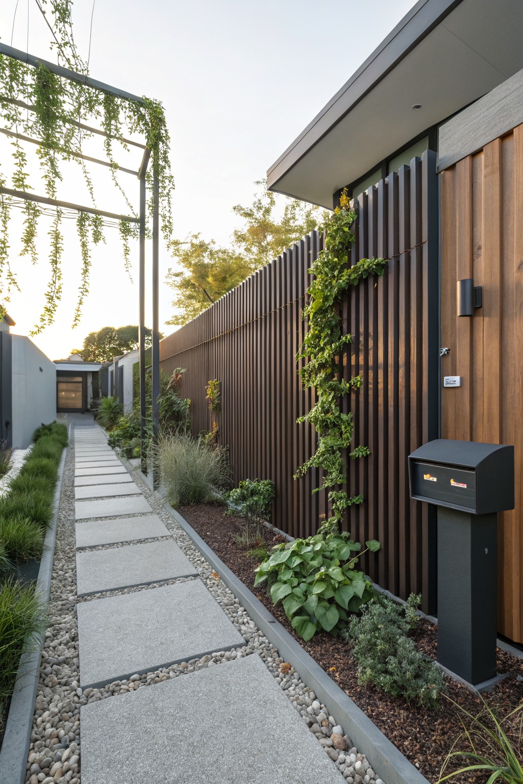A stone-paver pathway bordered by gravel and low plants runs beside a tall dark slatted wooden fence covered in climbing green vines, leading toward a modern house entrance with a mailbox nearby.