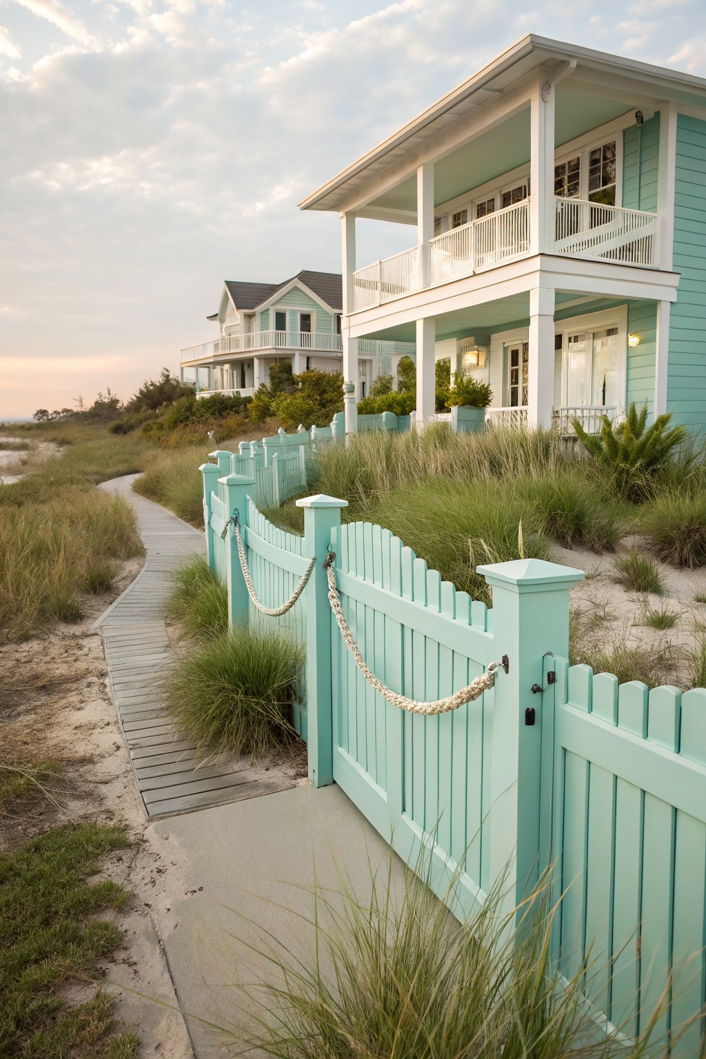Turquoise wooden picket fence with rope accents lines a boardwalk path through sandy dunes and sea grass, leading toward elevated coastal homes.