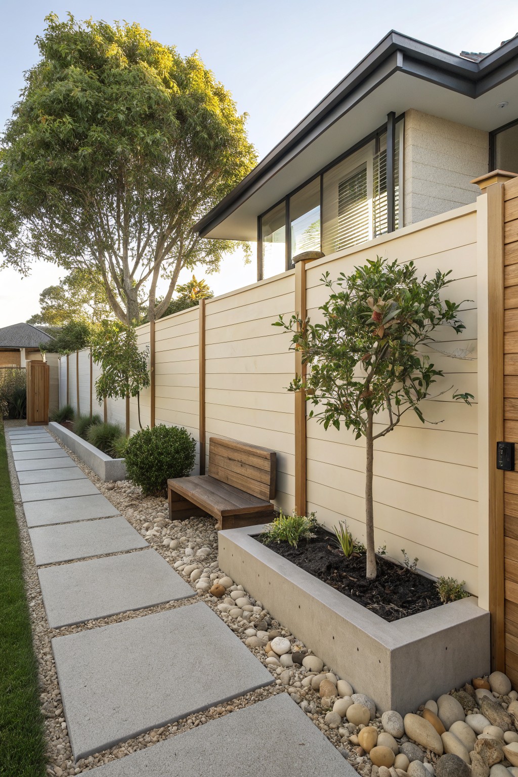 Tall beige vertical board-on-board fence with dark timber posts along a concrete paver pathway edged in pebbles and raised planters, with a wooden bench, small trees, shrubs, and a modern house exterior.