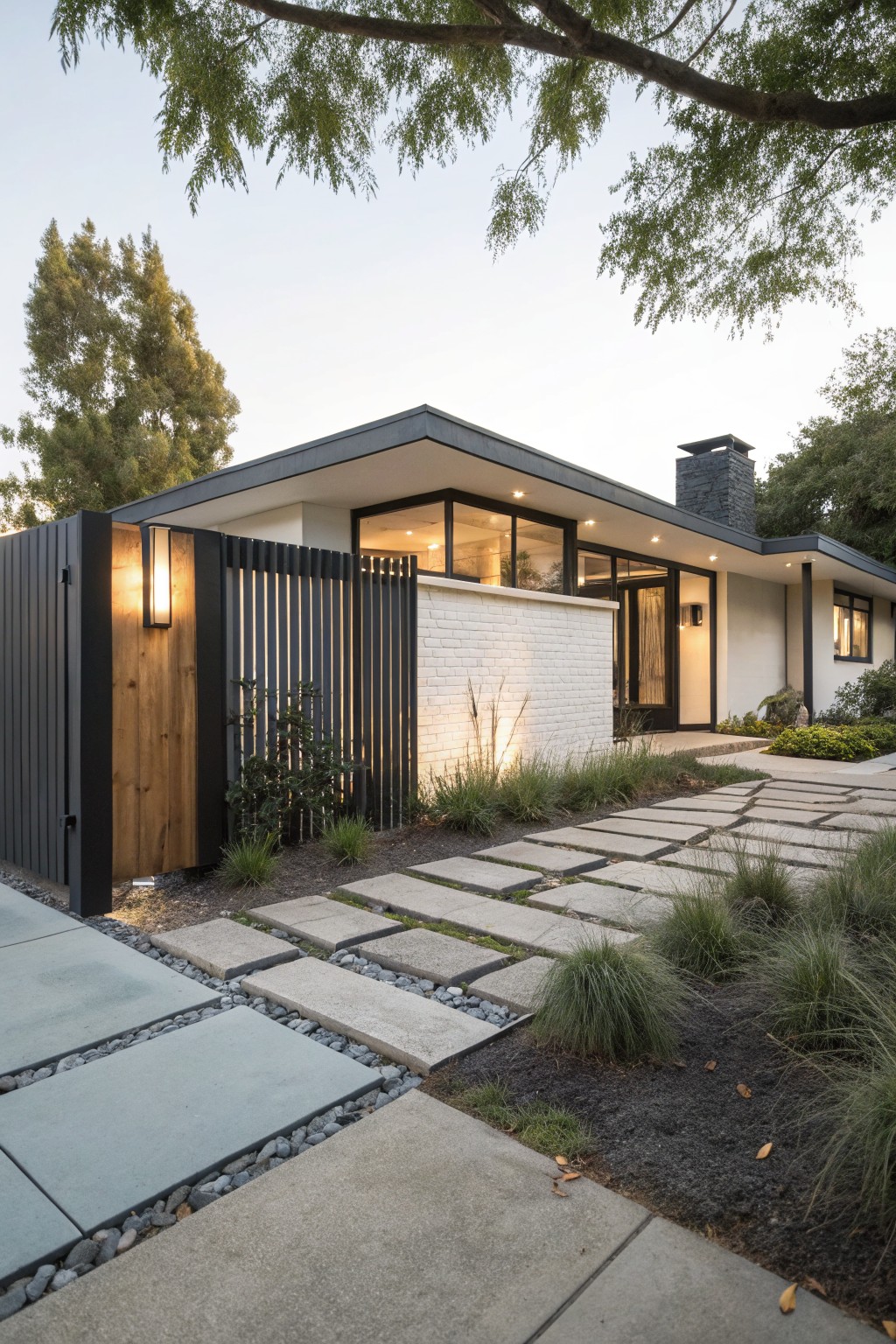 Modern single-story house exterior featuring a tall black vertical slat fence with wood gate, white brick accent wall, concrete paver pathway edged with gravel and grasses, and exterior lights.