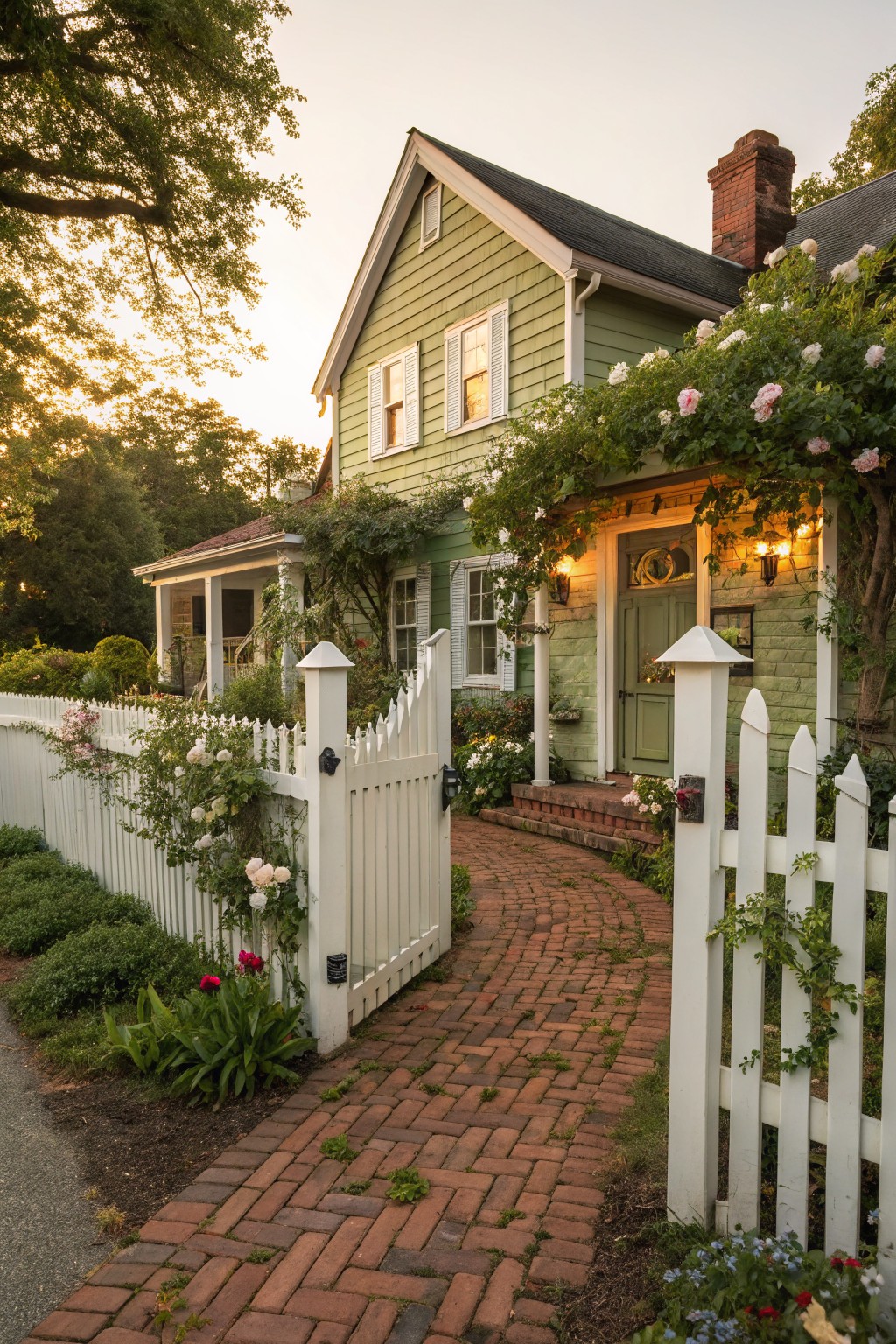 Green shingled house with white picket fence covered in pink climbing roses, brick walkway leading to green front door, porch lights on, trees and gardens around at dusk.