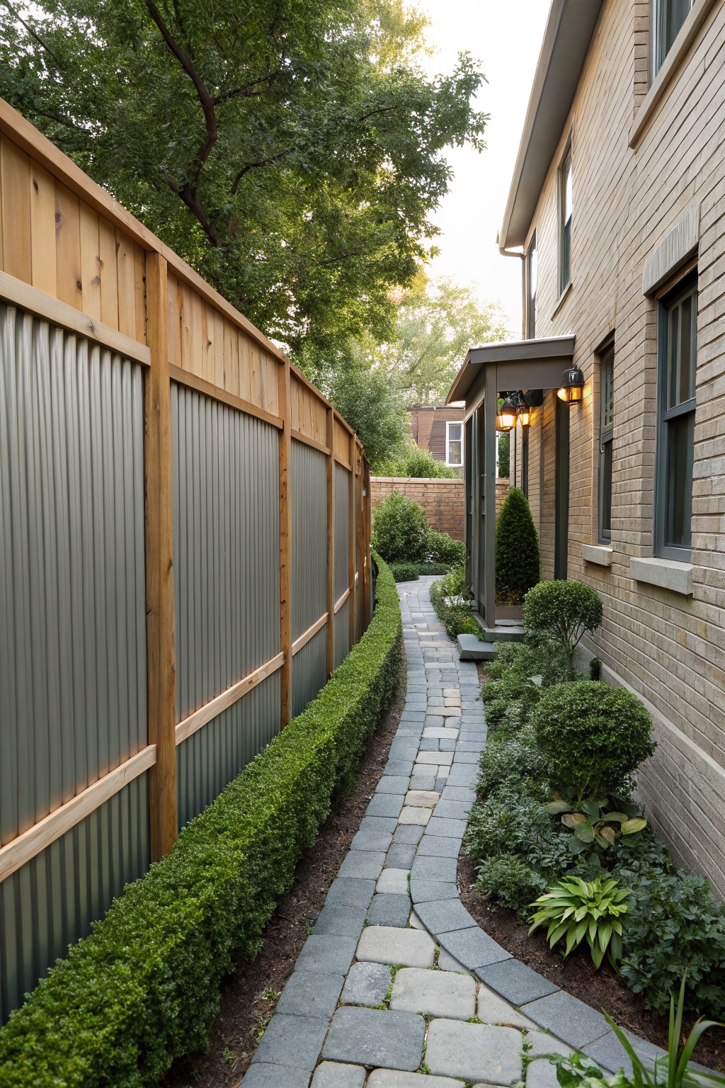Narrow curved stone pathway along a brick house, bordered by boxwood hedges and a tall wooden fence with gray corrugated metal panels.