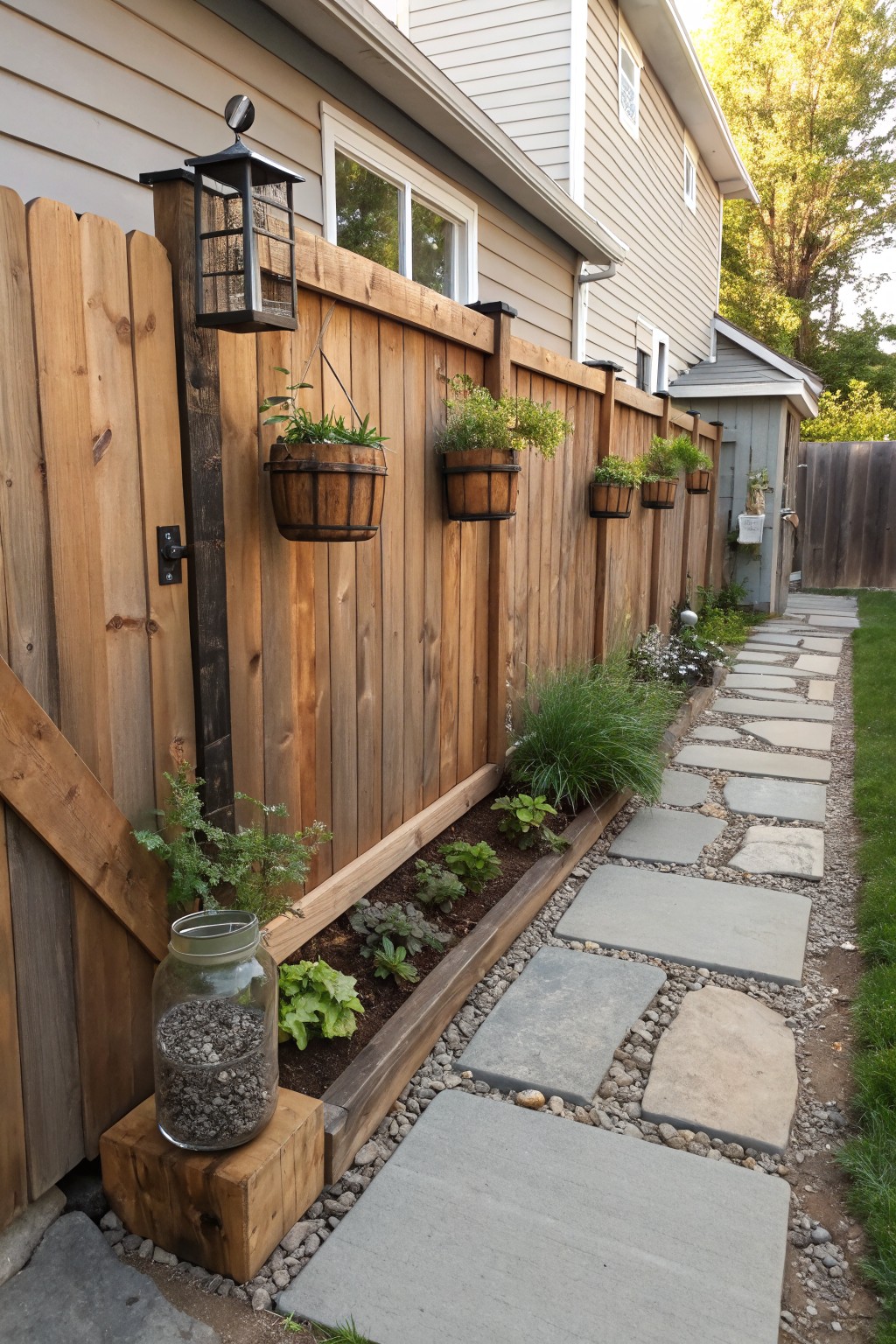 Wooden privacy fence along a gravel and flagstone path, with hanging wooden basket planters, black lantern lights on posts, a raised bed of plants at the base, and a glass jar of pebbles on a stump.