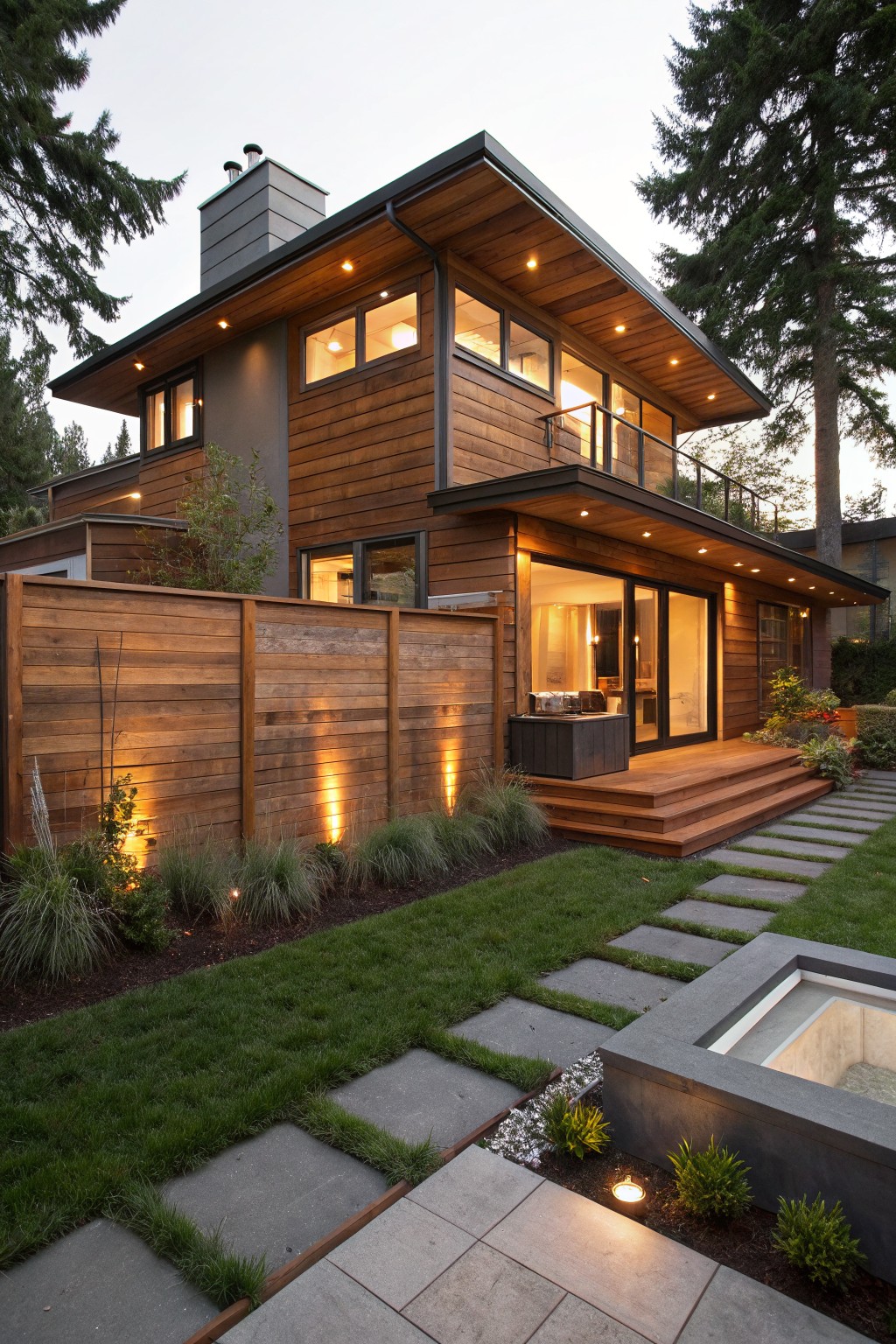 Rear exterior of a modern multi-level house with cedar wood siding and roof overhang, tall horizontal wooden privacy fence with uplights at base, wooden deck steps leading to grass lawn with stone slab pathway and edge plants.