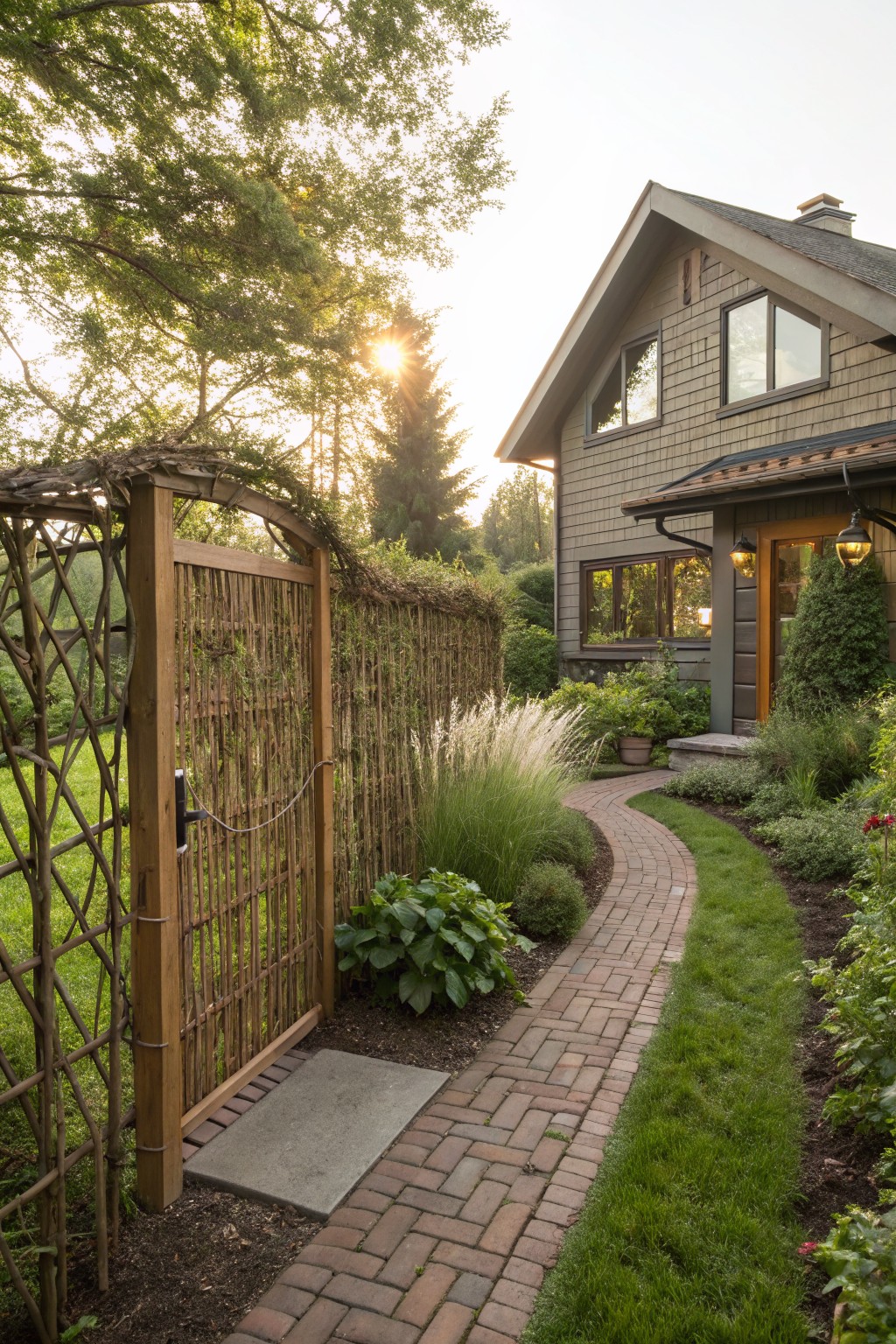 Arched wooden garden gate with woven lattice panels and climbing vines, set into a matching fence beside a brick pathway and lush plantings leading to a shingle house.
