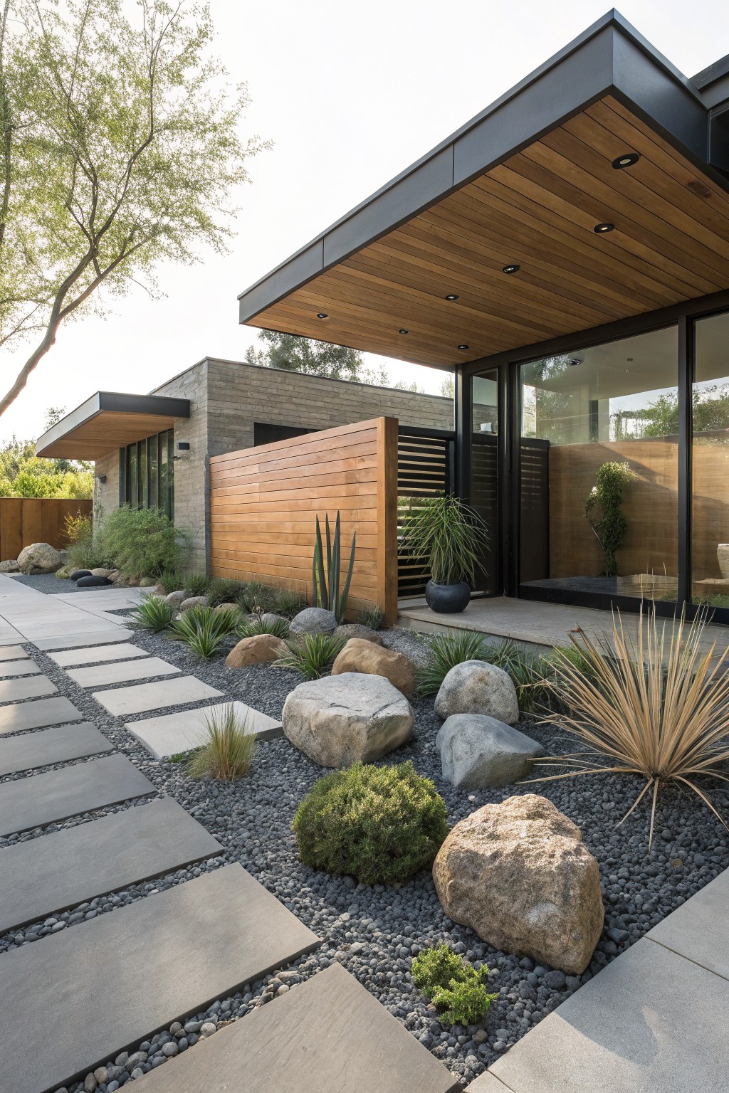 Contemporary house facade with front yard rock garden featuring large natural boulders, black gravel ground cover, concrete paver pathway, and drought-tolerant plants like agaves and grasses leading to a glass entry door.