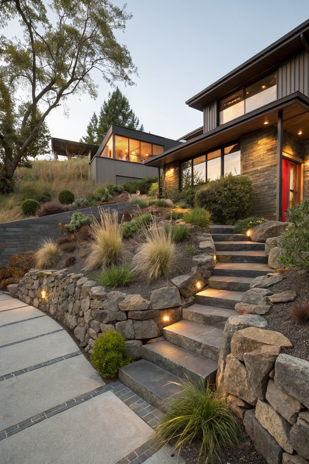Modern wood-and-stone house on a hillside with stacked boulder retaining walls, wide dark stone steps with edge lighting, grasses and shrubs along the slope, and a concrete pathway curving in from the street.
