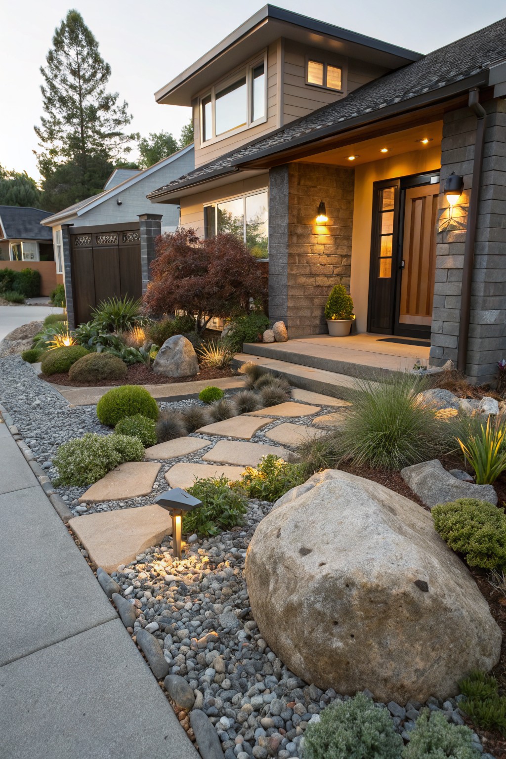 Front yard rock garden with gravel groundcover, large rounded boulders, low shrubs and grasses, irregular flagstone stepping stones forming a path to a modern house entrance, shown at dusk with landscape lighting.