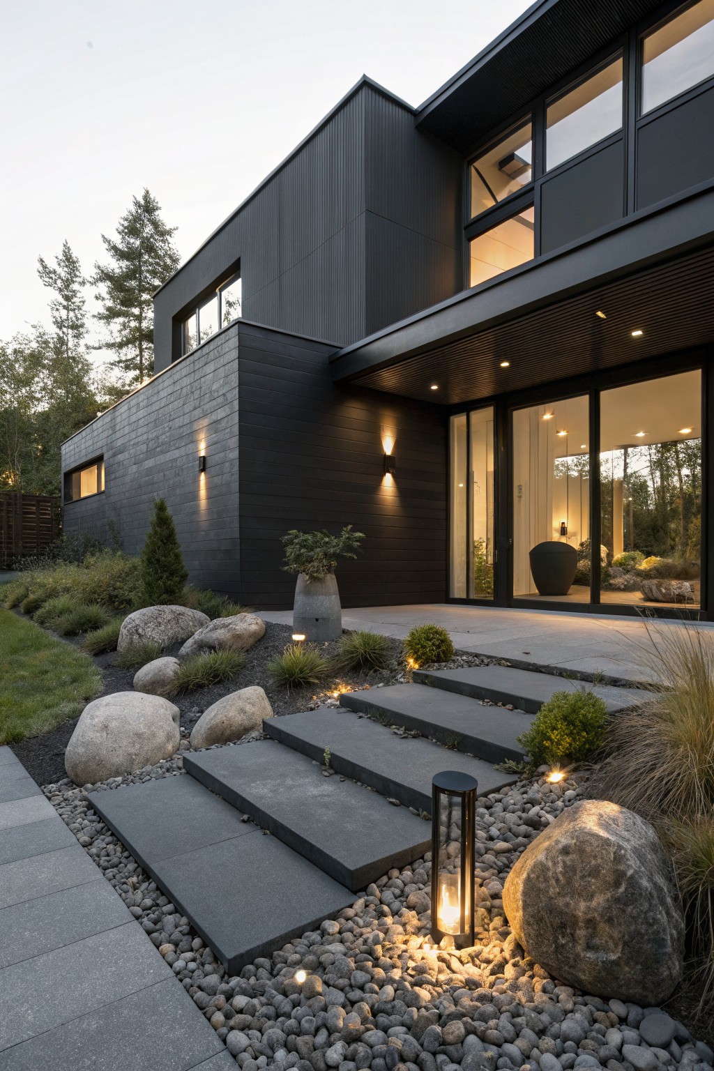 Modern black-clad house exterior at dusk with front yard rock garden of large boulders, gravel mulch, stone steps, low plants, and path lights leading to glass entry doors.