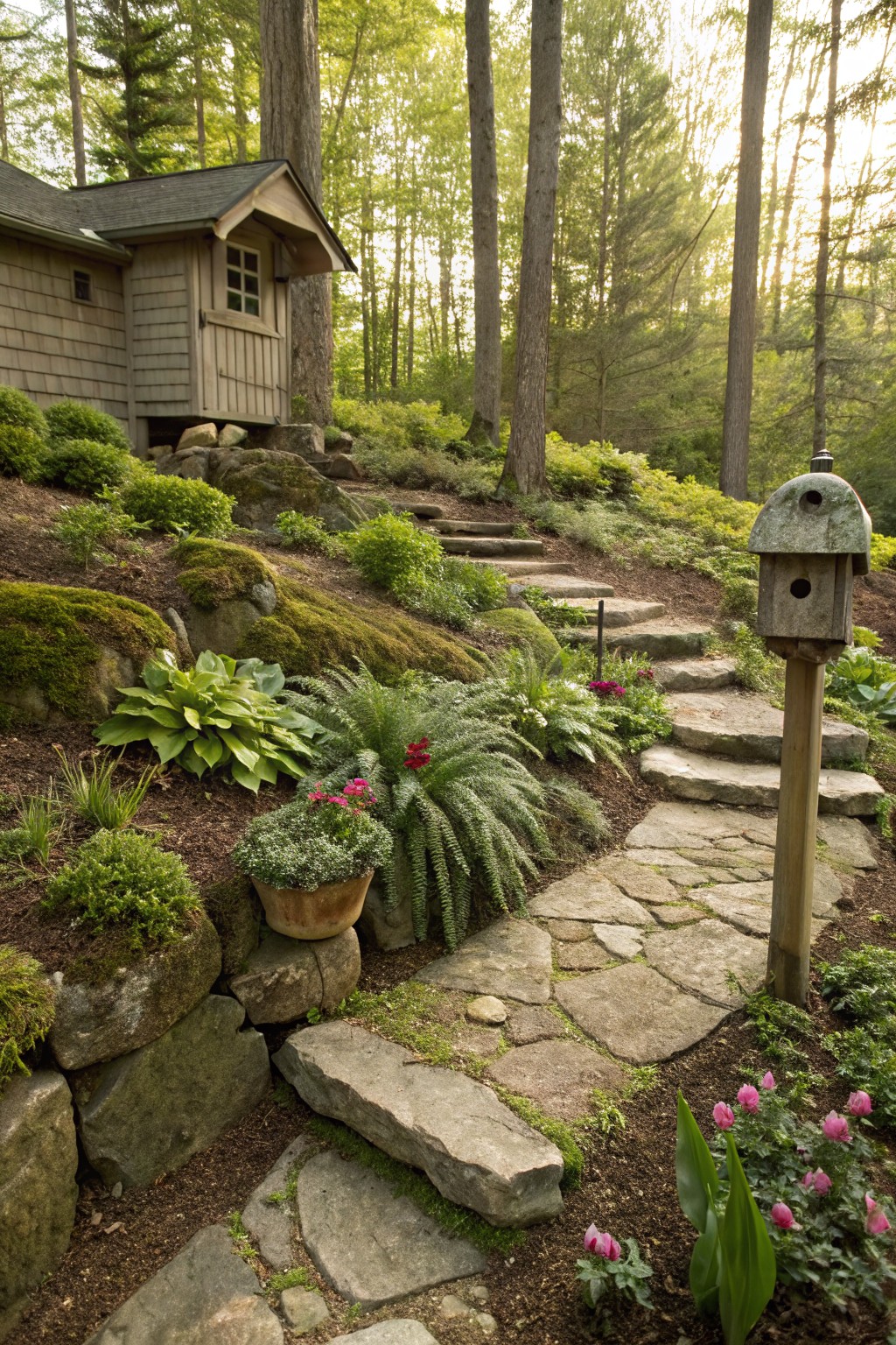 Sloped rock garden with a winding flagstone path, moss-covered boulders, stone retaining walls, green plants including hostas and ferns, pink flowers, a birdhouse on a post, and a small wooden cabin amid trees.