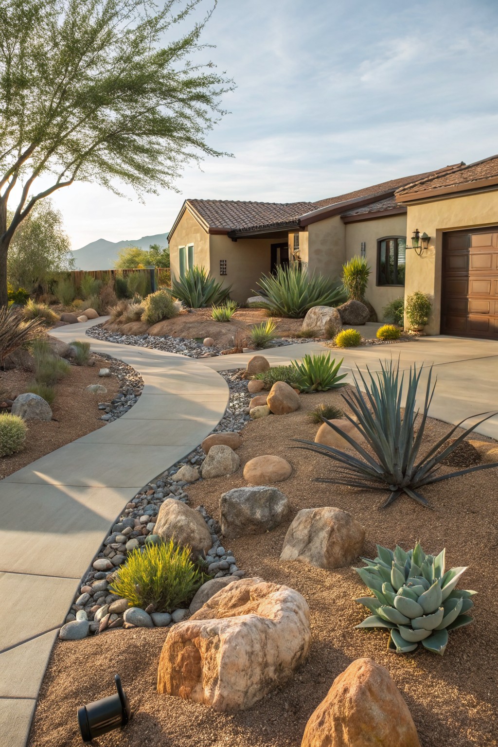 Front yard with a curving concrete pathway edged by gravel, large boulders, and drought-tolerant plants including agave and succulents, leading to a beige stucco house and garage under a clear sky.