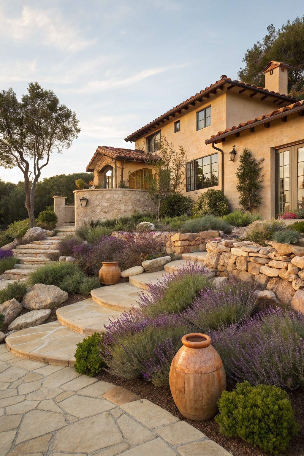 Stone steps winding up a terraced front yard rock garden with dry-stacked rock walls, lavender plants, grasses, terracotta pots, and a stucco house with red tile roof in the background.