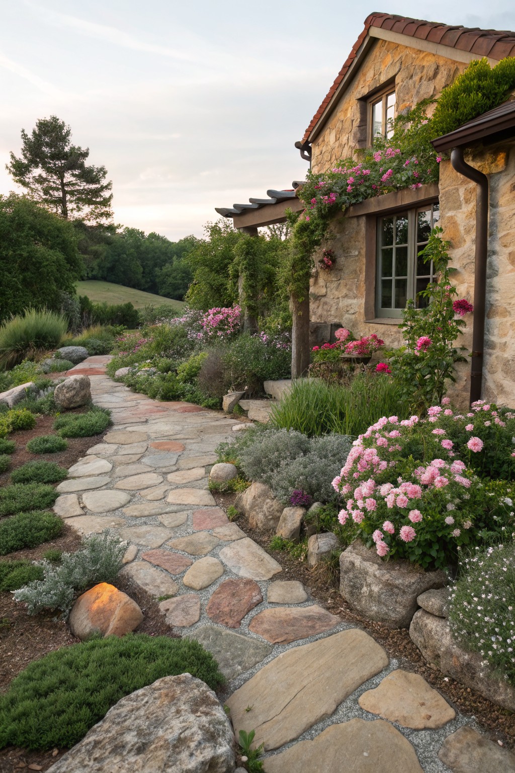 A winding flagstone path bordered by large boulders, low shrubs, pink flowering plants, and grasses leads to a stone house with terracotta roof and climbing vines in a front yard garden at sunset.