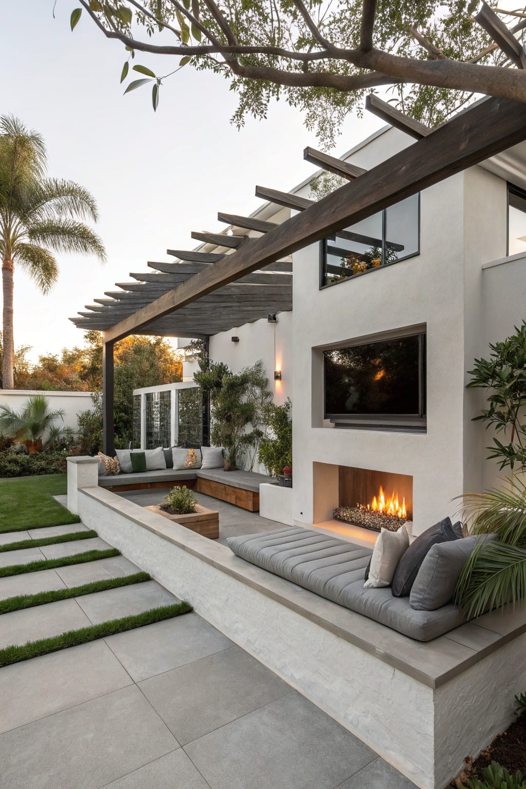White stucco wall in backyard with built-in concrete bench, linear gas fire pit, gray cushions, potted plants, wall-mounted TV, wooden pergola overhead, and grass steps leading to the patio.