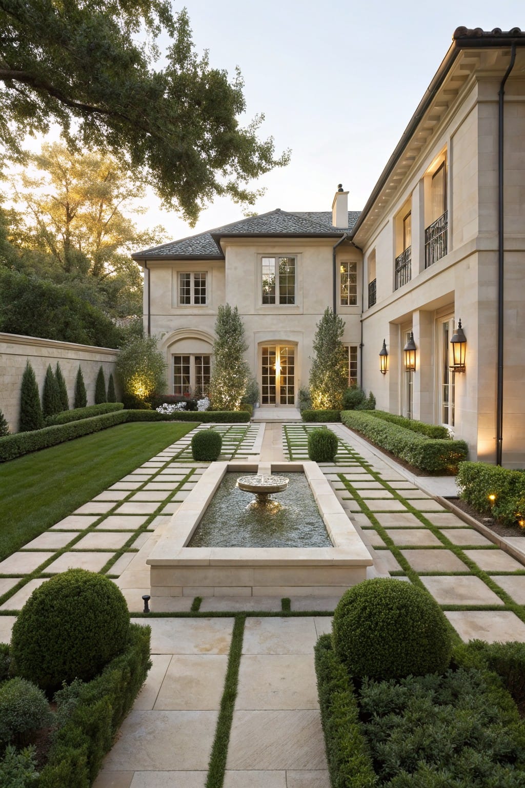 Backyard courtyard with beige stone house, central rectangular fountain in gridded stone pathway with grass panels and boxwood hedges, flanked by lanterns and trees.