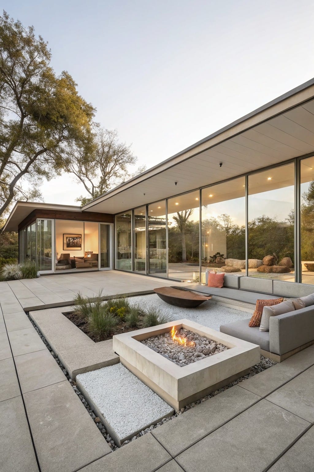 Modern home exterior with large glass walls opening to a concrete courtyard patio that includes a square gas fire pit, low L-shaped seating with cushions, a circular metal fire bowl on white pebbles, linear gravel bed with plants, and nearby trees.