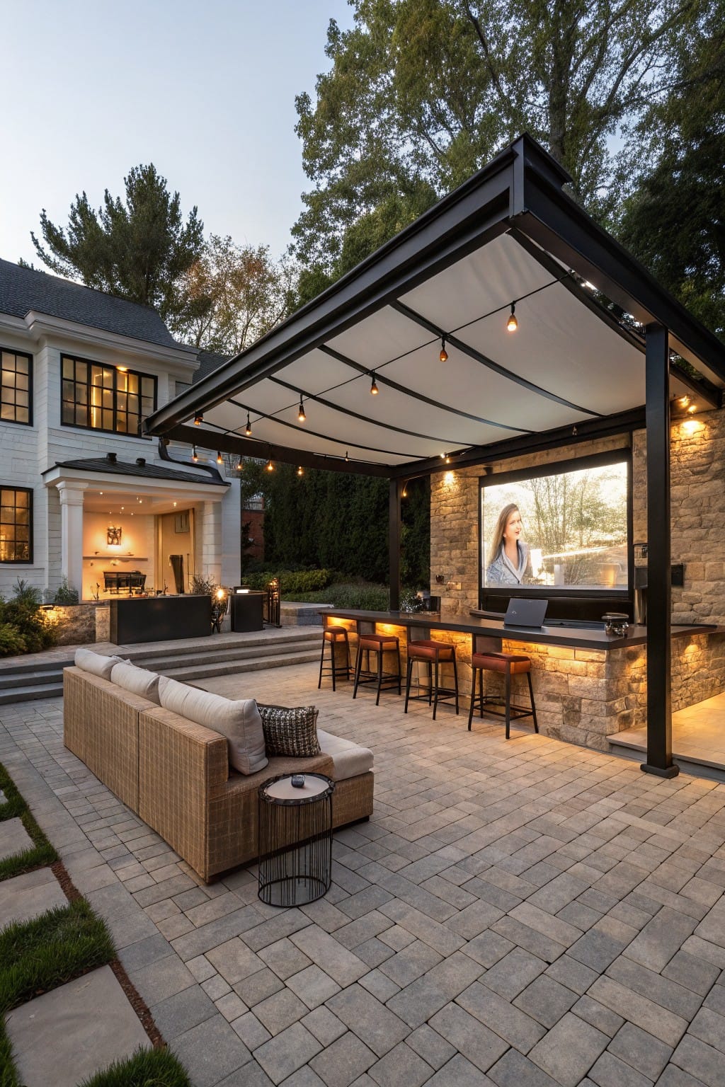 Backyard patio featuring a black metal pergola with white fabric cover and string lights over a stone bar with TV screen and four stools, plus nearby lounge seating on pavers next to a house.