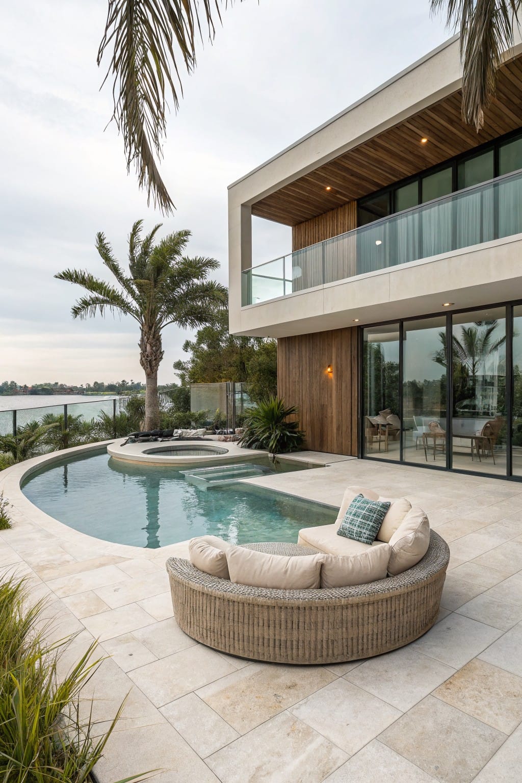 Modern luxury home exterior with curved swimming pool, large curved beige outdoor sofa on light stone tile patio, palm trees, tropical plants, and water view.