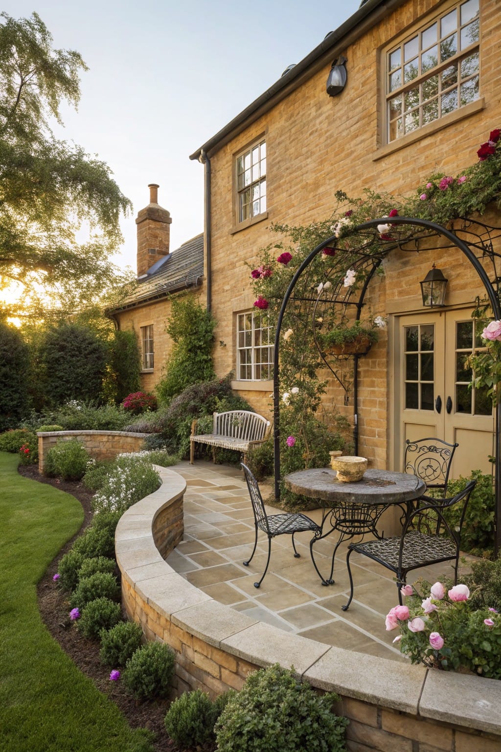Brick house exterior with curved stone retaining wall enclosing a patio area, wrought-iron table and chairs, rose-covered archway, bench, and garden plantings at sunset.