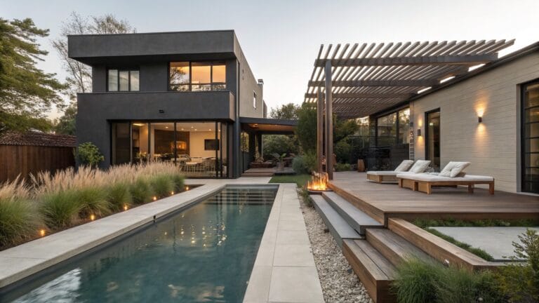 Modern two-story house with black cladding and wood accents, wooden pergola covering a patio with gray sofas and low tables, narrow rectangular pool with steps bordered by tall grasses, and landscape lighting at dusk.