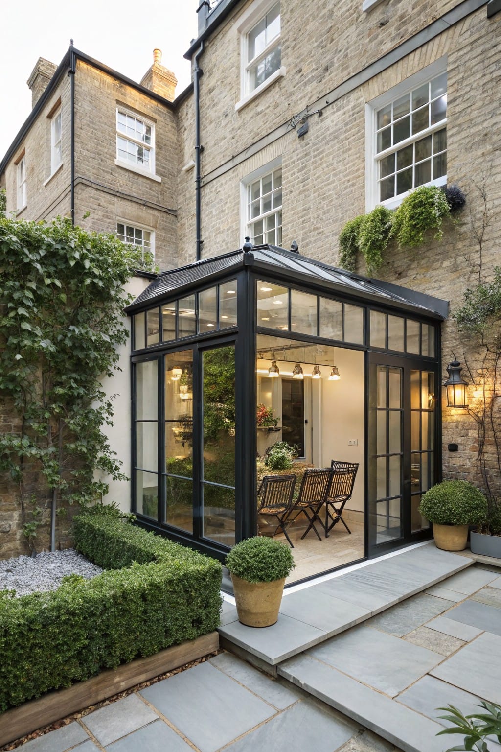 Brick townhouse with black-framed glass conservatory extension containing dining table and chairs, surrounded by ivy-covered walls, boxwood hedges, potted plants, and stone patio steps.