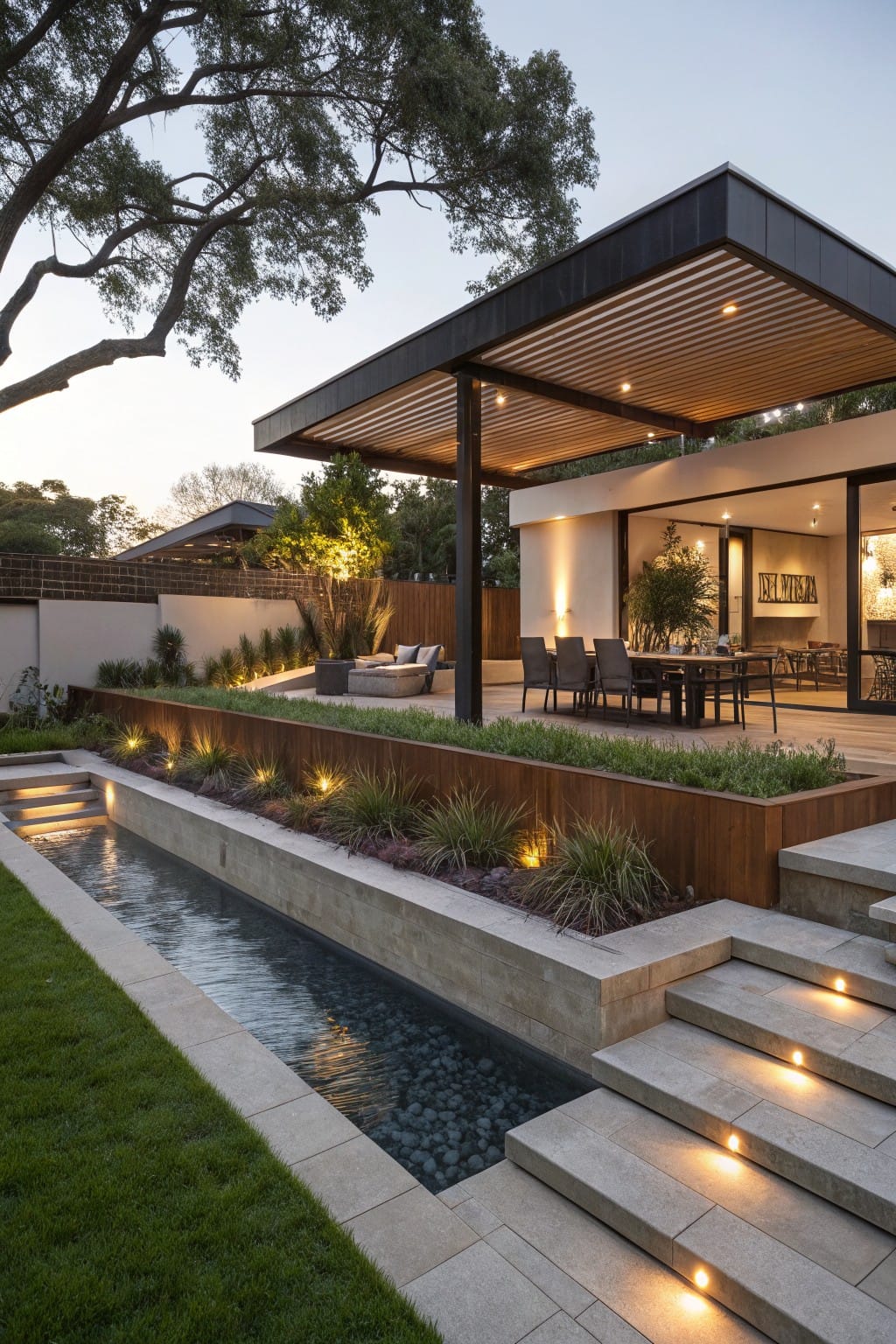 Elevated wooden deck with pergola-covered dining table and chairs adjacent to a modern house, concrete steps with integrated lighting descending to a lawn beside a narrow rectangular reflecting pool lined with plants.