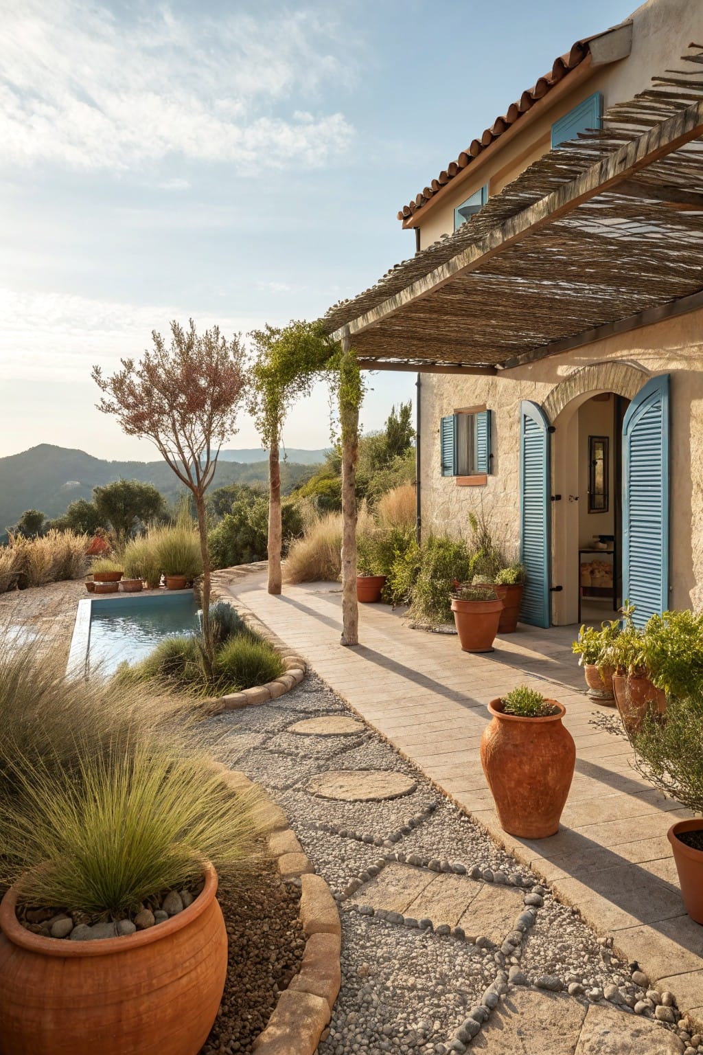 Stucco house with terracotta tile roof and blue shutters, featuring a thatched pergola, rectangular pool, gravel pathway with stone slabs edged by tall grasses and large terracotta pots on a hillside.
