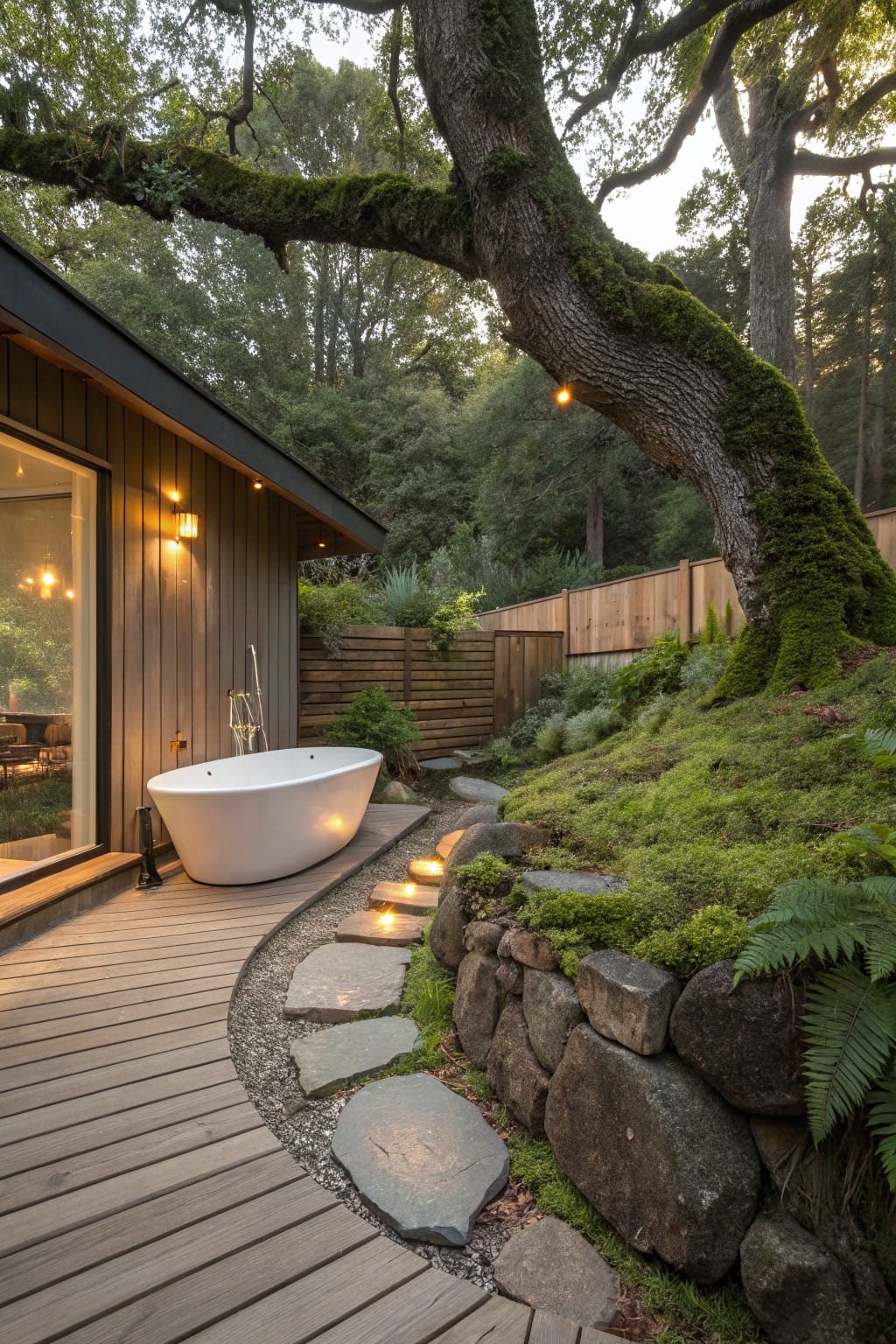Wooden deck curving around a large white freestanding bathtub outdoors near a modern house, with stepping stones, stone retaining wall, plants, and oak trees in a backyard.
