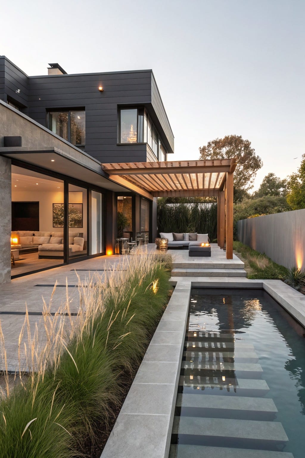 Modern two-story house with black cladding and wood accents, wooden pergola covering a patio with gray sofas and low tables, narrow rectangular pool with steps bordered by tall grasses, and landscape lighting at dusk.