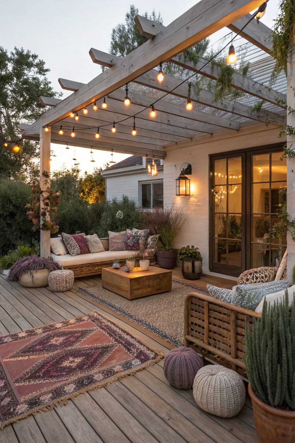 Wooden pergola with string lights over a deck patio, low cushioned seating, poufs, wooden coffee table, rug, potted plants, and French doors on a house exterior.