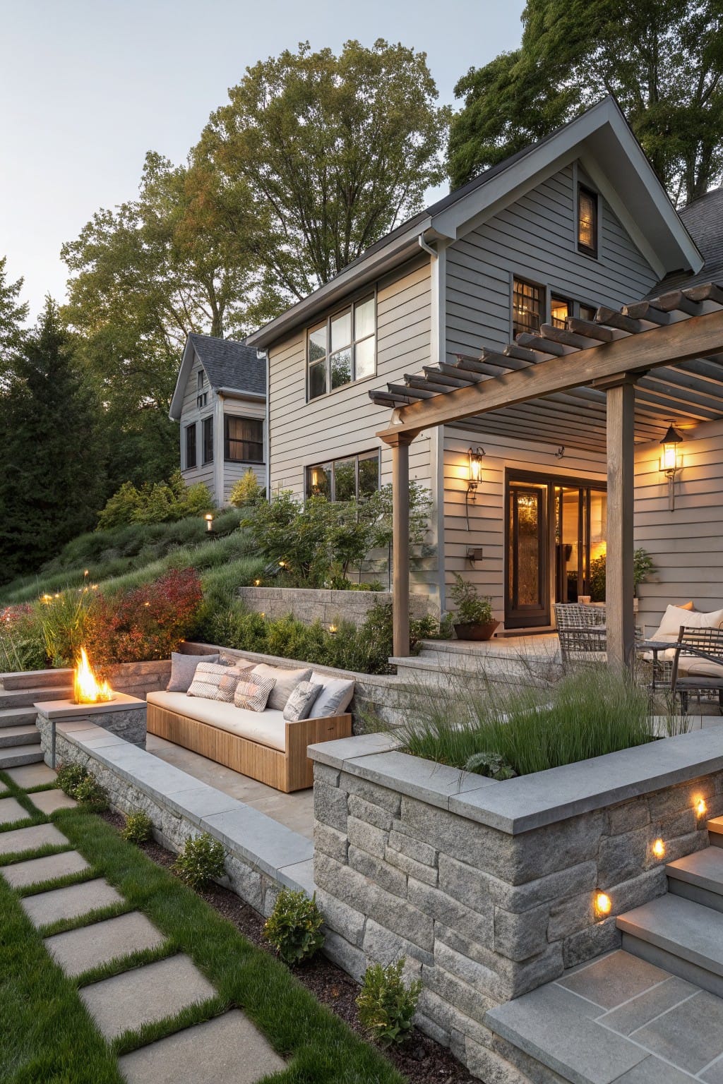 Gray shingle house exterior with pergola-covered patio, stone retaining wall forming built-in bench around linear fire pit, paver steps and path, grasses, and wall lights in evening light.