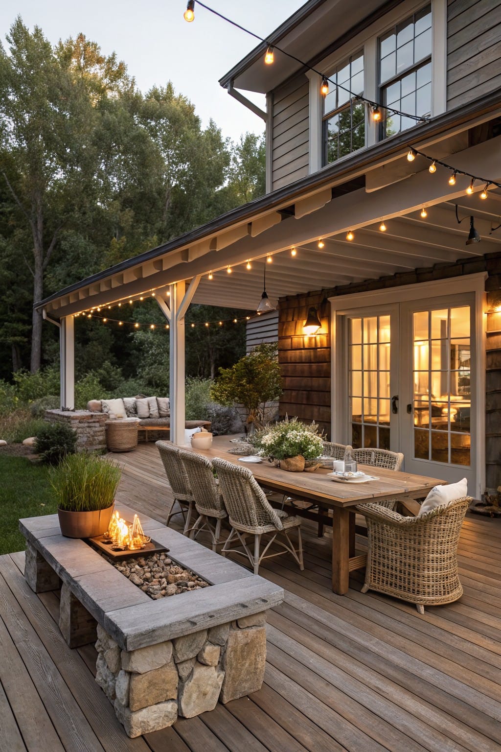 Backyard wooden deck under a covered porch with string lights overhead, stone fire pit bench, dining table with wicker chairs, lounge seating, potted plants, and French doors on house exterior amid trees.