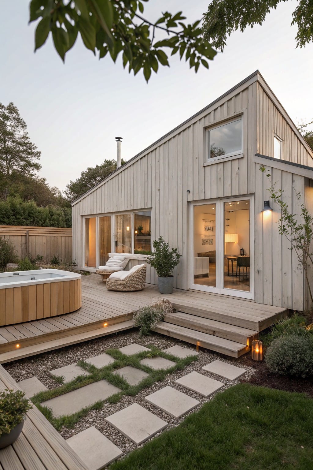 Light-colored wooden house with sloped roofline and large glass doors opening to a raised wooden deck holding a wooden hot tub, with steps descending to a gravel patio edged in grass and plants.