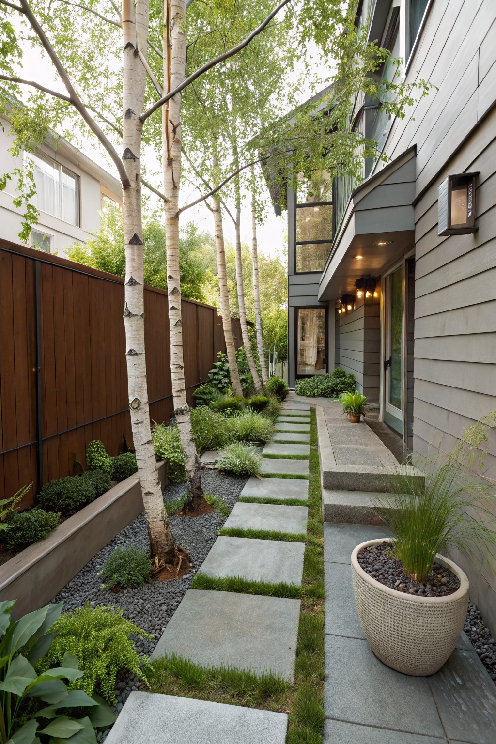 Narrow stepping stone pathway through a landscaped yard with clustered birch trees, low groundcover plants, gravel mulch, and a wooden fence leading to the glass door of a modern gray house.