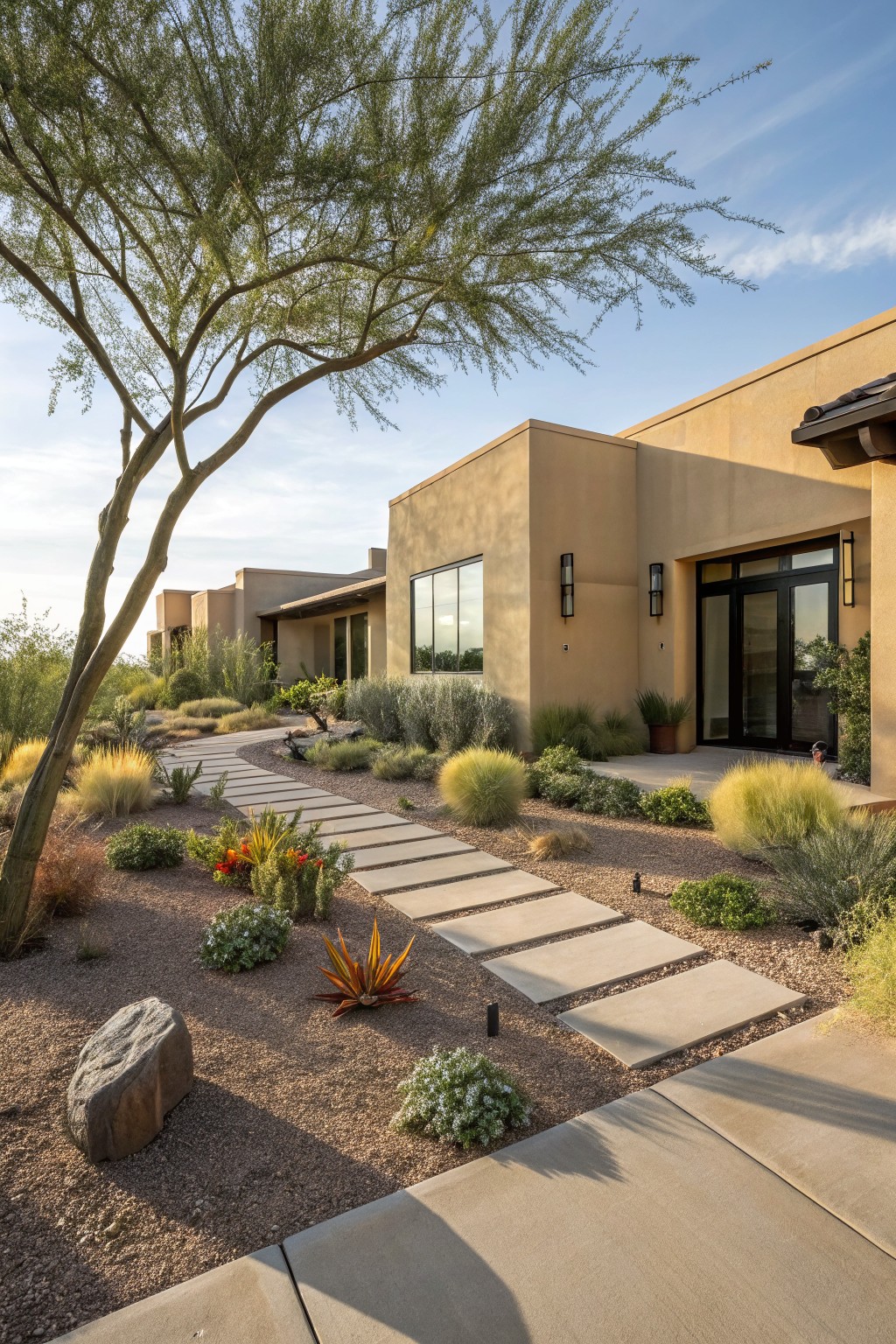 Beige stucco house with large glass entry doors and modern lines, approached by a curved pathway of rectangular concrete pavers winding through xeriscape garden of desert grasses, agaves, succulents, rocks, and a tall tree with feathery green foliage providing overhead shade under partly cloudy sky.