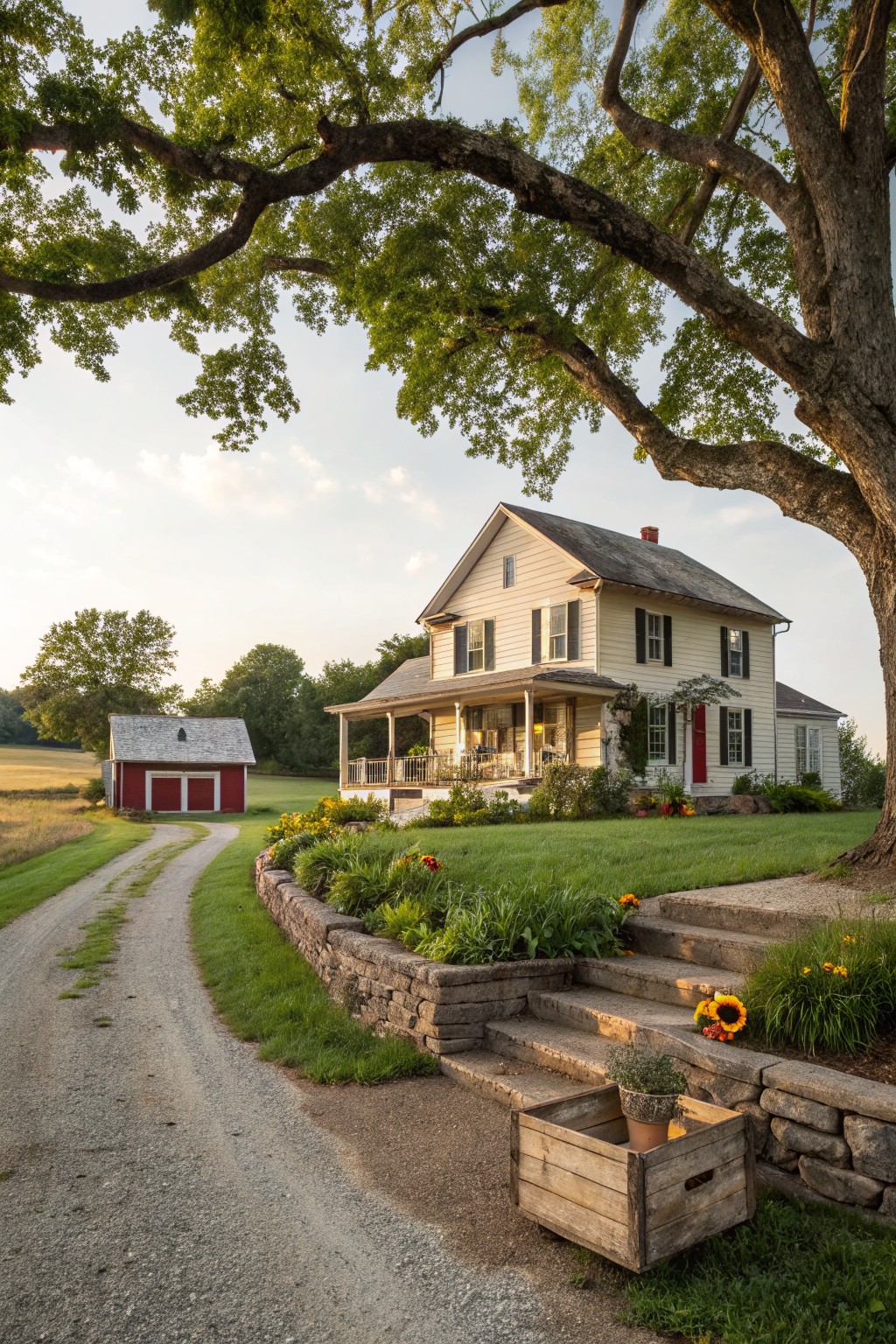 Yellow clapboard farmhouse with wraparound porch and red barn, shaded by large overhanging tree branches, gravel driveway leading to stone retaining wall with steps, flower beds, and wooden crate planter.