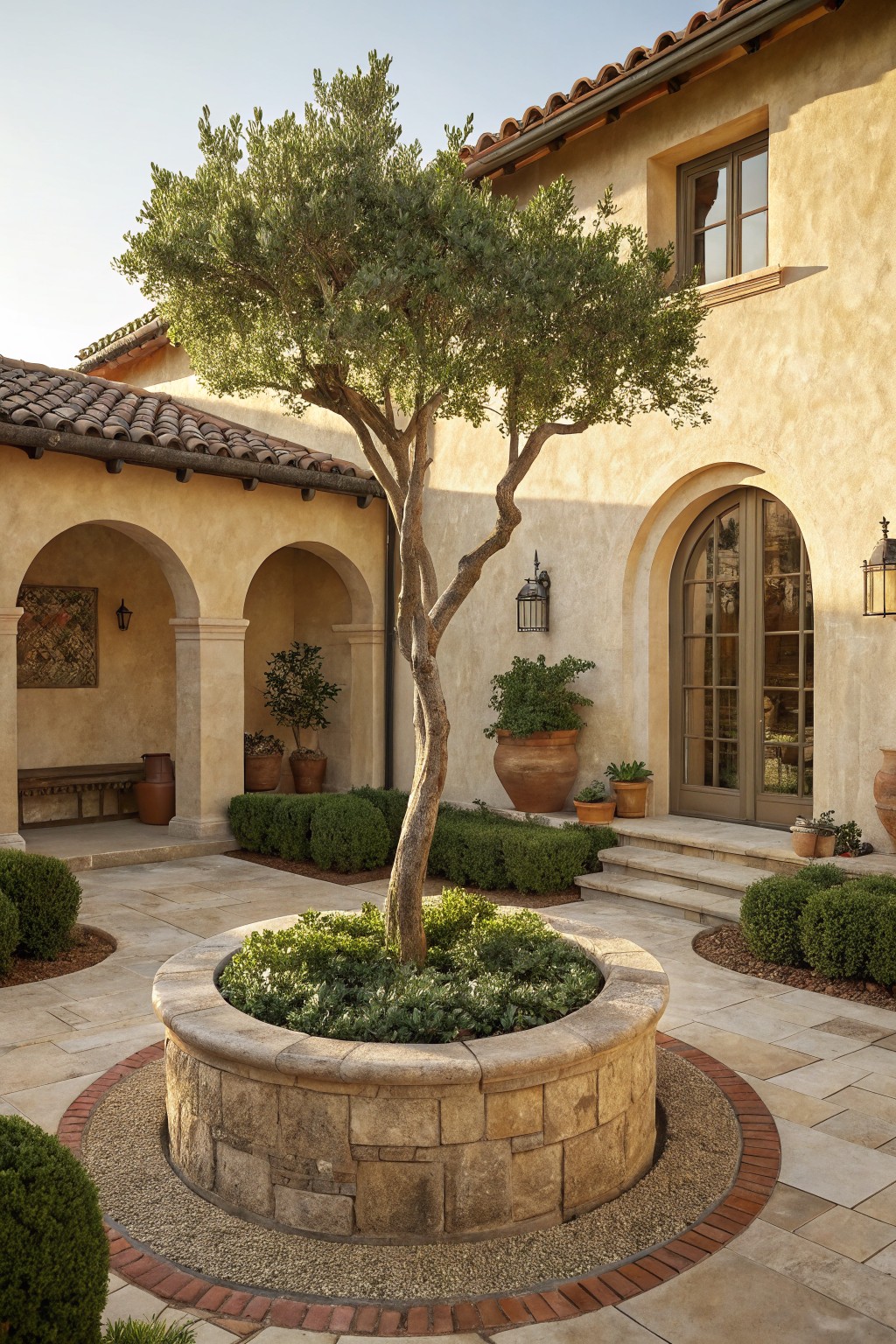Courtyard with central olive tree in circular stone planter on pavers, surrounded by gravel and brick edging, boxwood shrubs, terracotta pots, and arched stucco walls leading to a door.