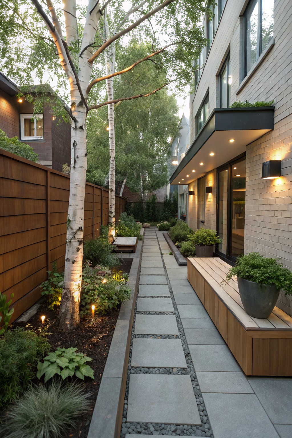 Narrow outdoor pathway between buildings lined with tall birch trees, gray stone pavers, wooden bench, potted plants, corten steel-edged garden beds, and uplighting at dusk.
