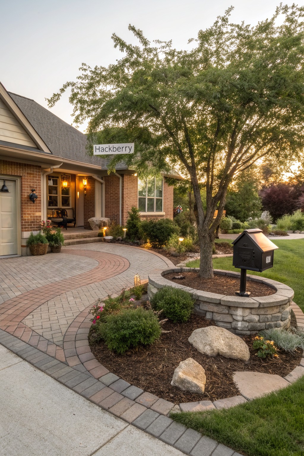 Front yard of a beige brick house featuring a hackberry tree in a circular raised stone bed with mulch, boulders, low plants, curved brick paver pathway, black mailbox on post, and landscape lights at dusk.