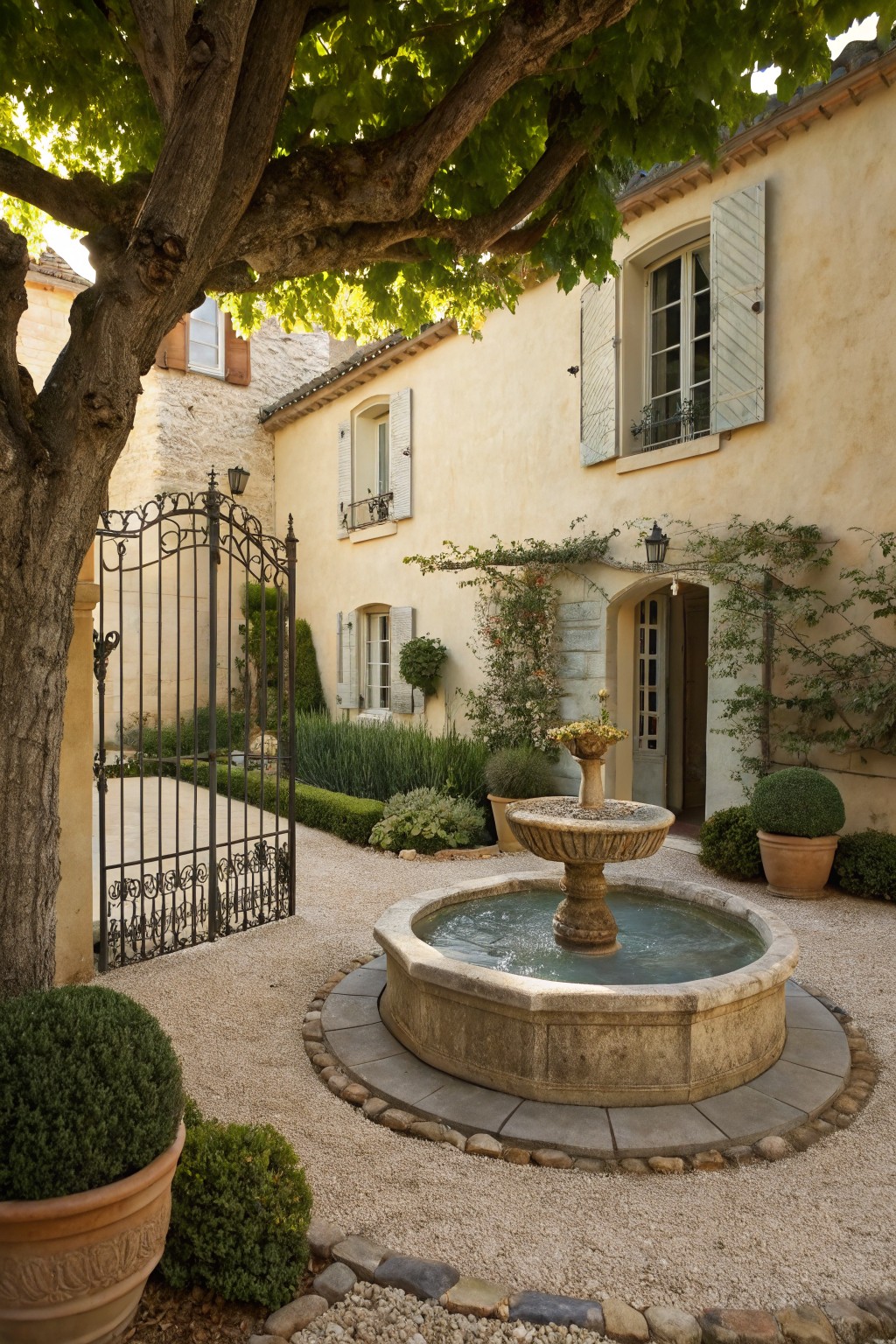 Beige stucco house with shutters surrounding a gravel courtyard featuring a central stone fountain, wrought-iron gate, potted topiary plants, climbing vines, and a large tree providing overhead shade.