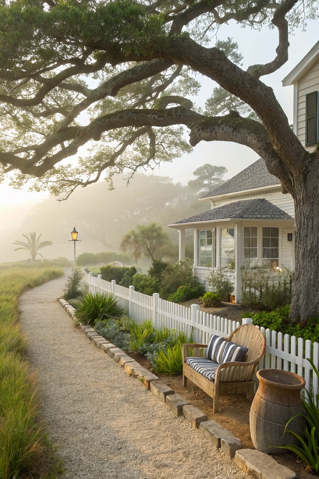 Gravel path edged by white picket fence and plants leads past a wooden bench and large oak tree toward a white shingled house with porch, surrounded by greenery in morning fog.