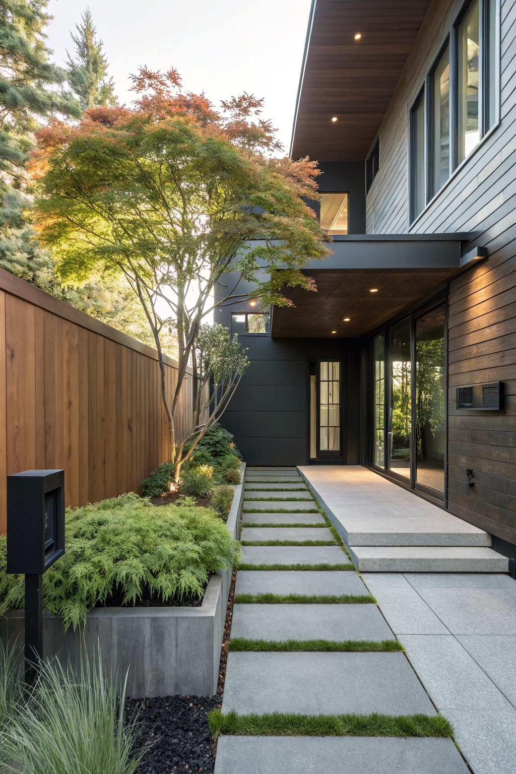 Contemporary house front entrance with Japanese maple tree overhanging a concrete stepping stone path, raised planters with ferns and grasses, wooden fence, and sliding glass doors.