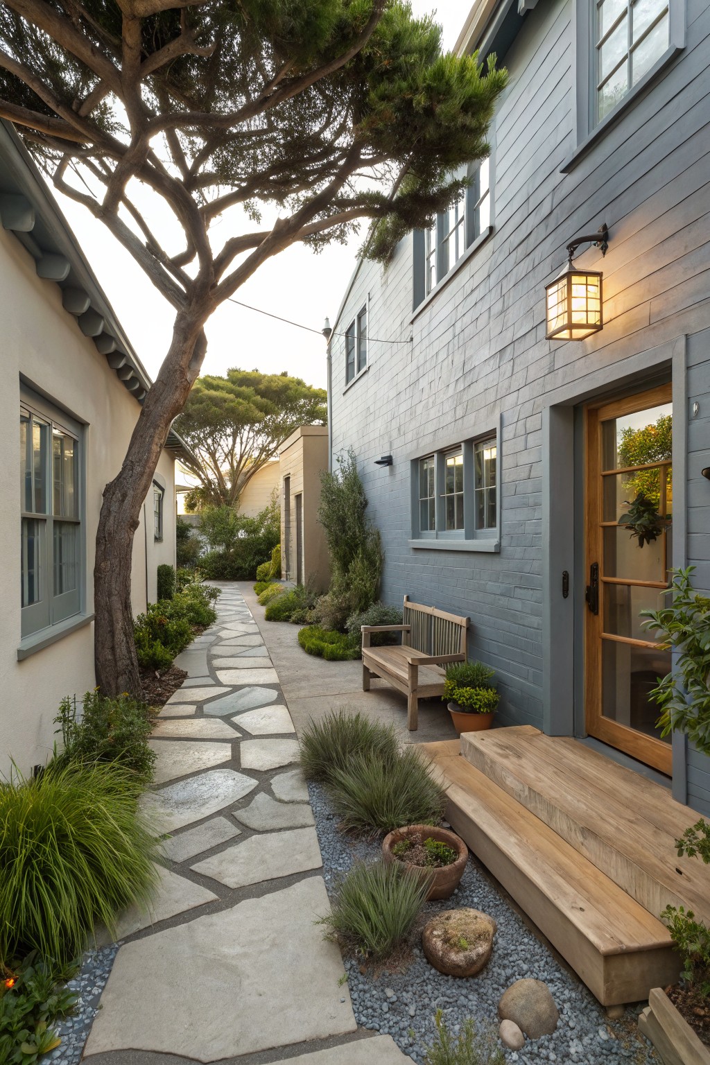 Narrow garden path of irregular gray stone slabs between a white stucco wall and a blue shingle house, shaded by a large overhanging pine tree, lined with low grasses, shrubs, pots, rocks, a wooden bench, and steps to a glass-paneled wooden door.