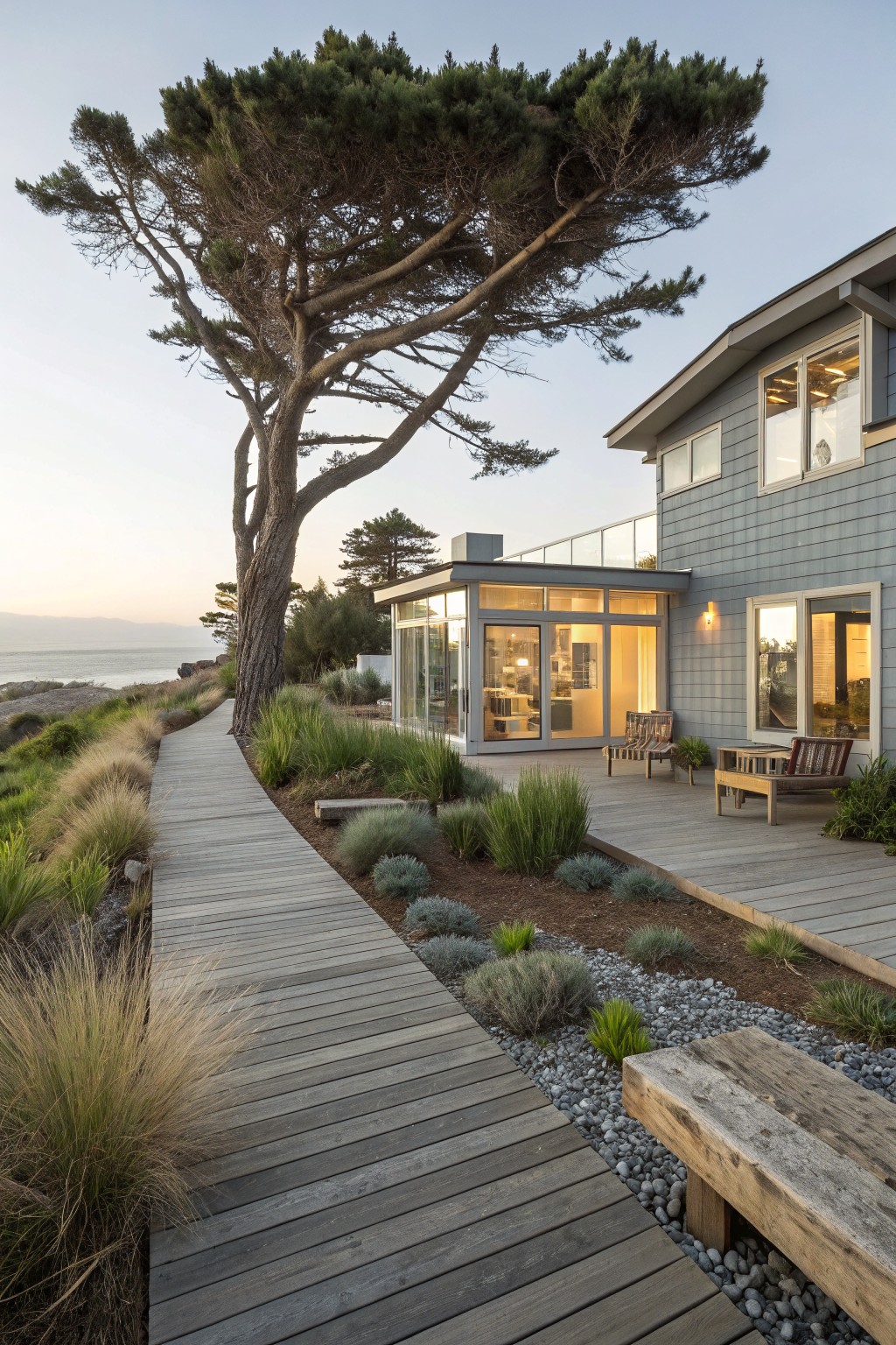 Gray shingle house with glass-walled addition and deck on coastal hillside, wooden boardwalk path curving through grasses and shrubs beneath large twisted pine tree overlooking ocean.
