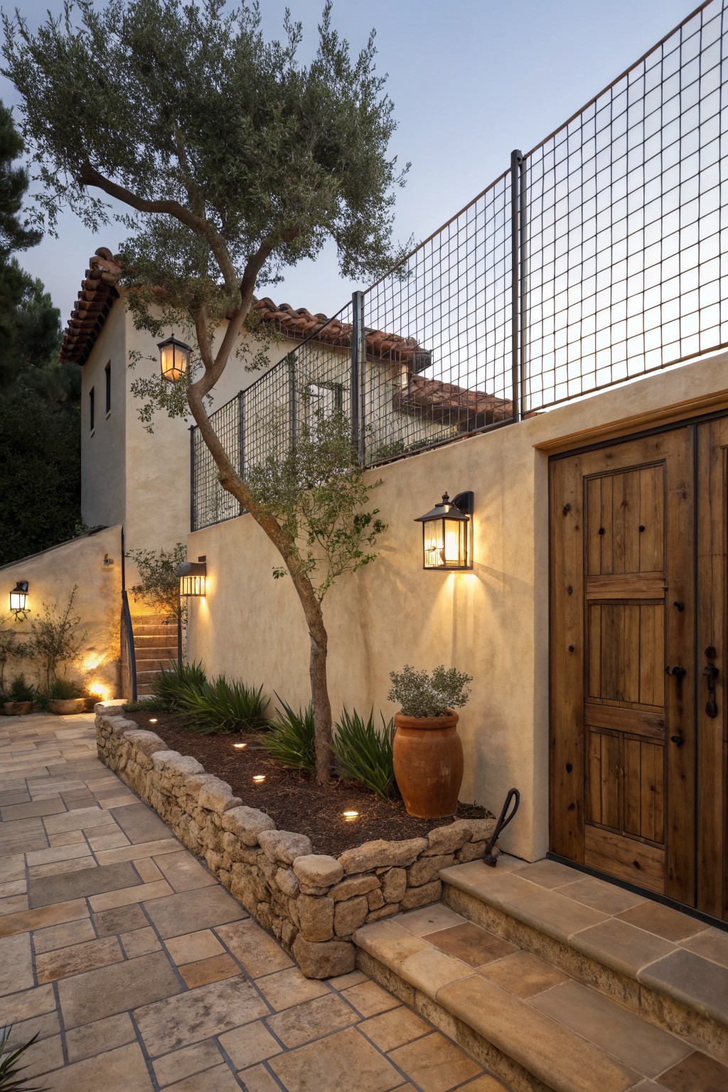 Stucco house exterior with terracotta tile roof, wooden double doors, stone pathway and steps, raised garden bed with olive tree, agave plants, and terracotta pot, chain-link fence with green mesh netting, and wall-mounted lanterns at dusk.