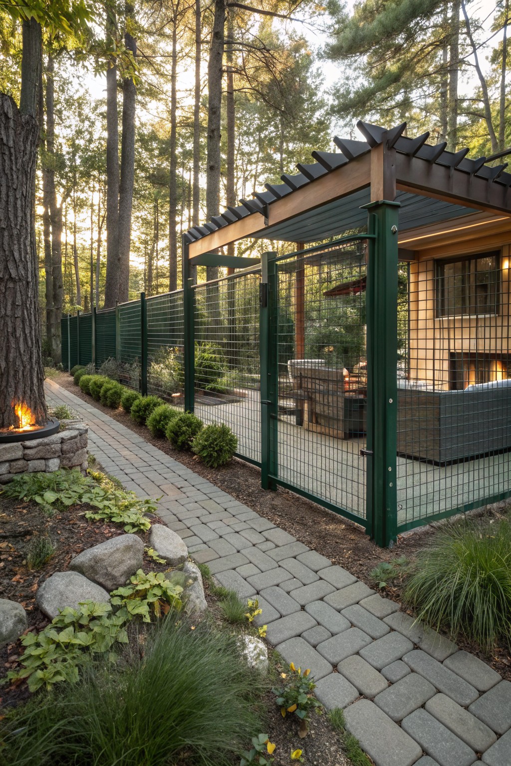 Green metal mesh fence enclosing a pergola-covered patio with lounge seating, fire pit, and brick pathway amid trees and shrubs in a wooded yard.