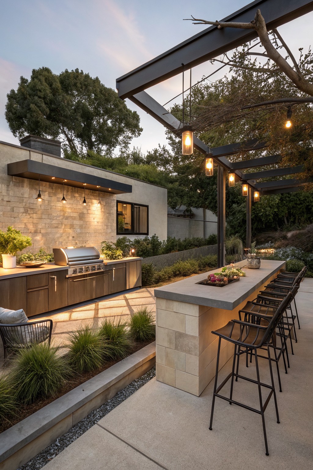 Backyard outdoor kitchen with stainless steel grill, concrete counters, bar stools, low stone retaining wall planted with grasses, metal pergola overhead with hanging lights, trees and plants surrounding the patio at dusk.